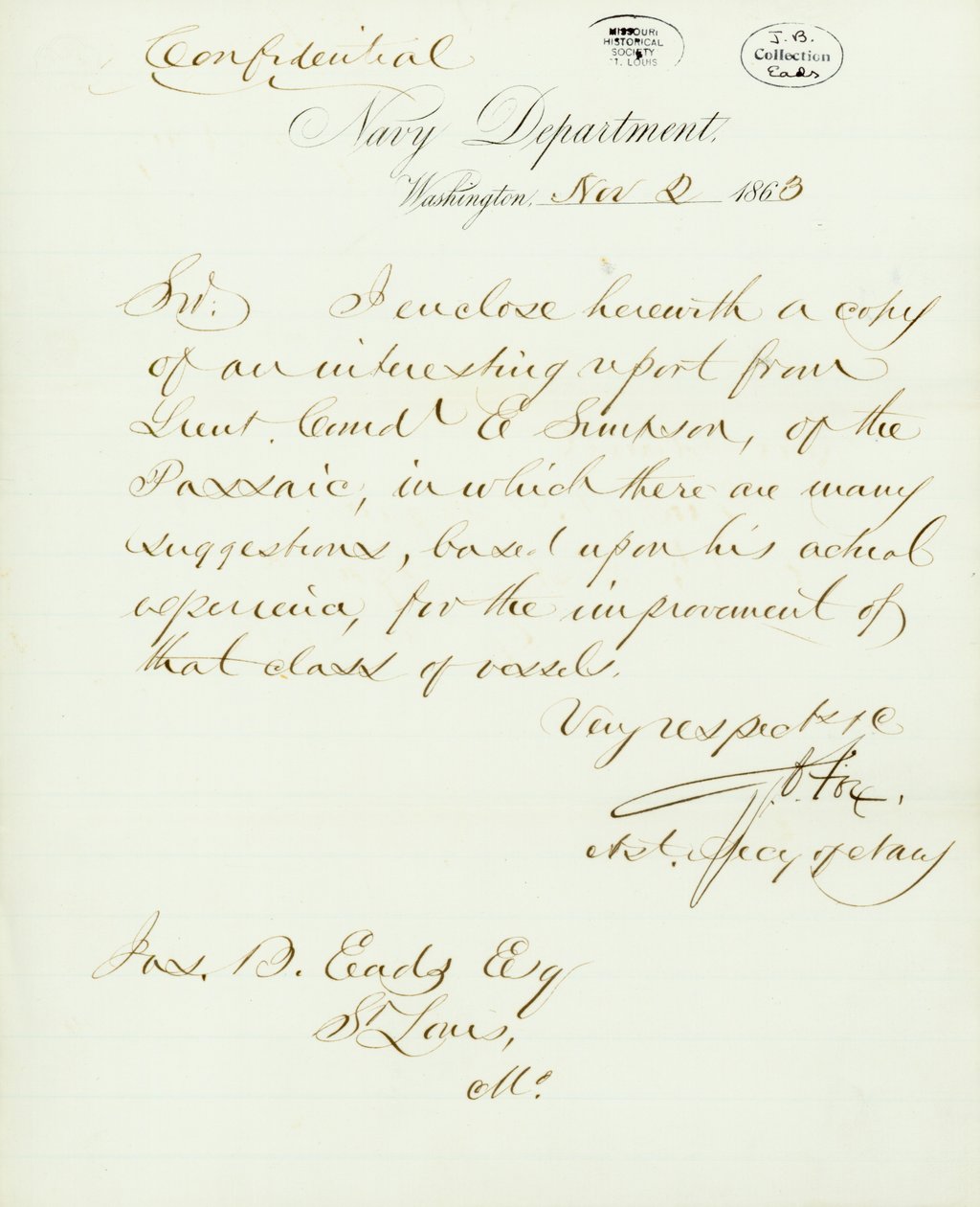 Carta firmada por G.V. Fox, Departamento de la Marina, Washington, a Jas. B. Eads [James B. Eads], St. Louis, Mo., 2 de noviembre de 1863 de Gustavus Vasa Fox
