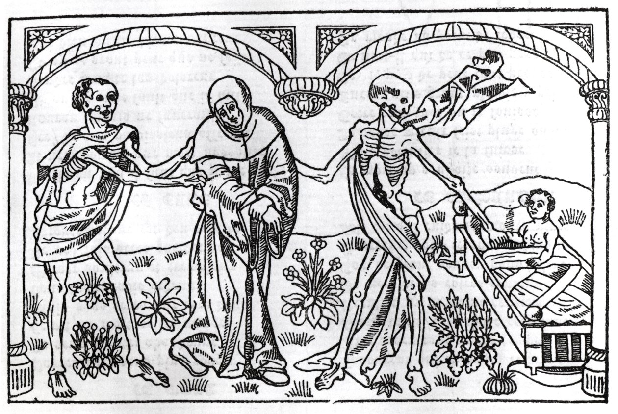 La muerte llevándose al mendigo y al niño, de la Danza Macabra, publicada en París, 1485 de Guy Marchant