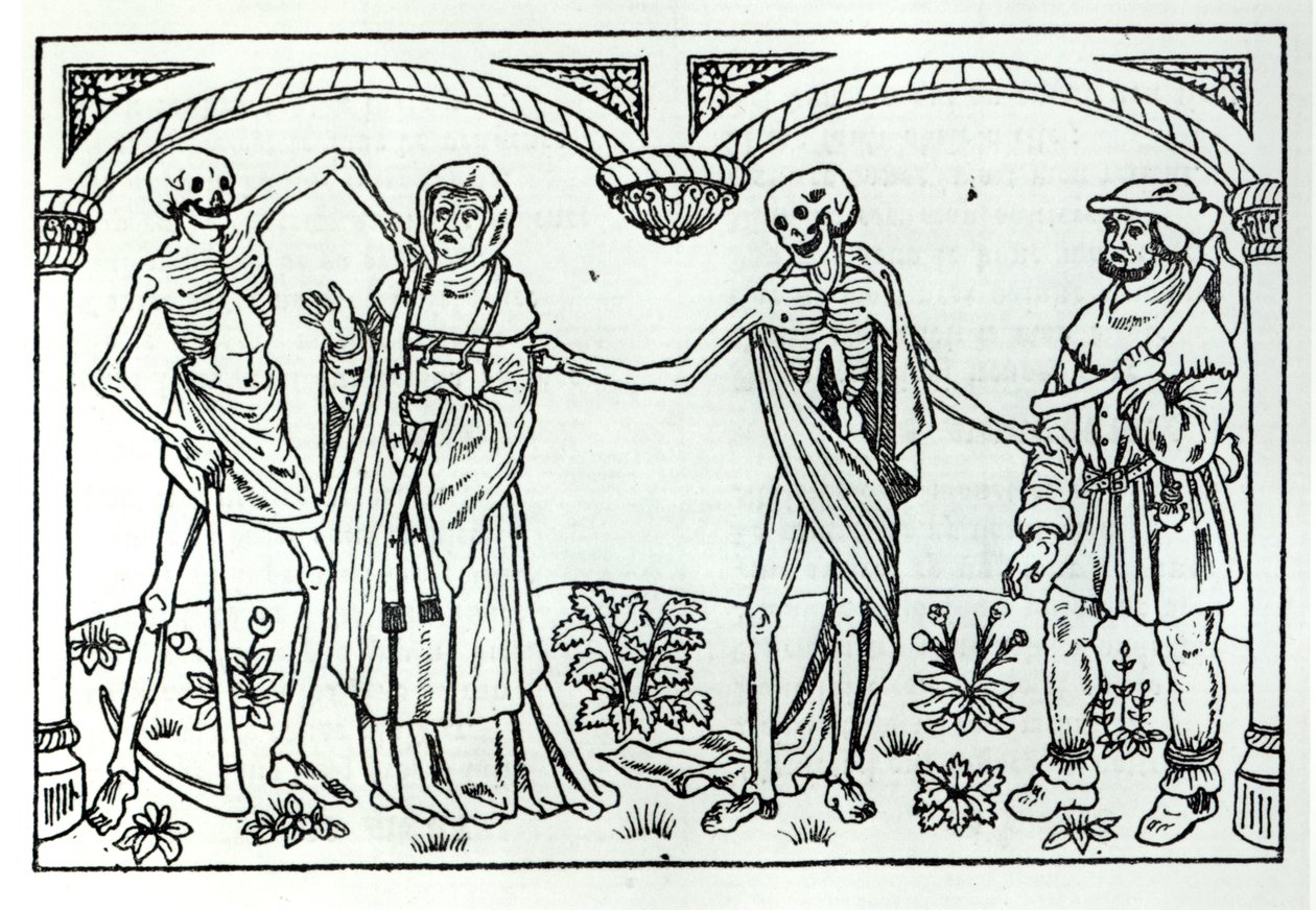 La Muerte llevándose al Sacerdote y al Campesino, de la Danza Macabra, publicada en París, 1485 de Guy Marchant