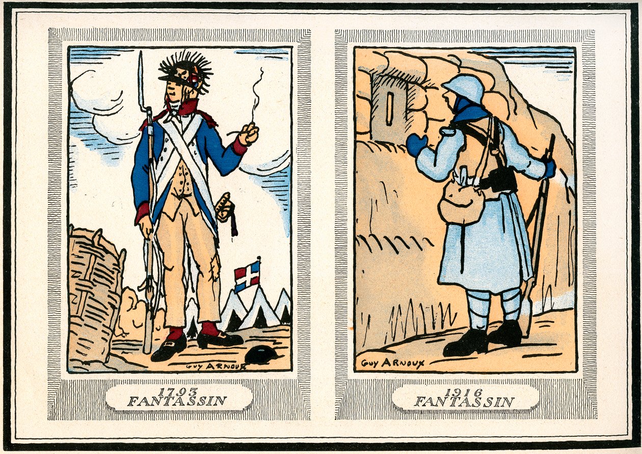 "Es para arrodillarse ante ellos" dicen nuestros entusiastas generales de sus Peludos. 1914-1917 (grabado) de Guy Arnoux