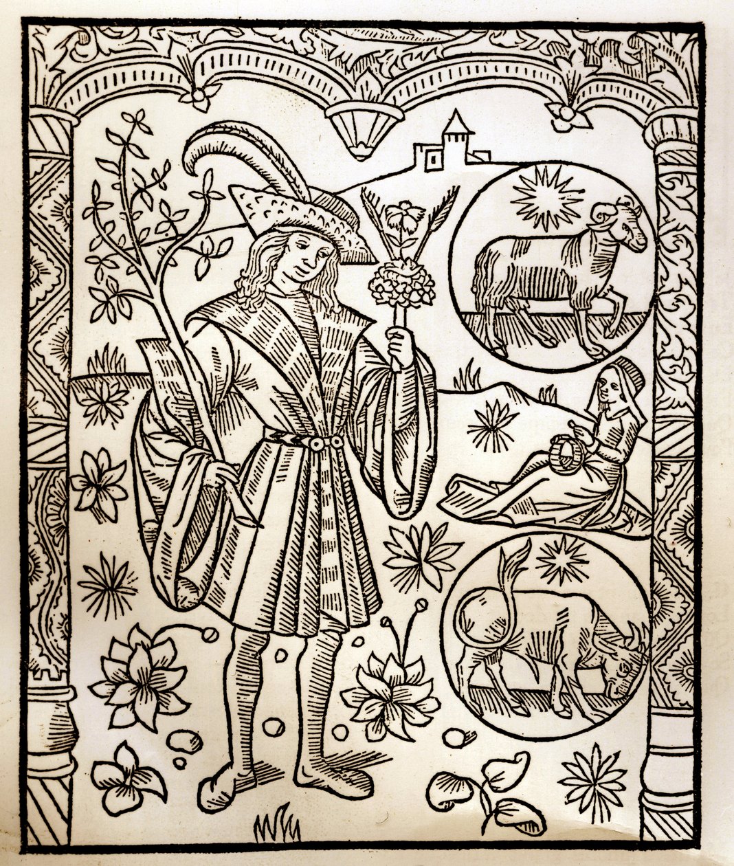 Calendario del pastor - Los trabajos de los meses - Abril - Grabado en madera del libro de 1496 impreso por Guy Marchant (Guido Mercator) en Troyes - Grabado en madera en 