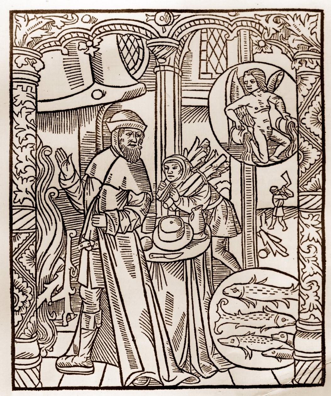 Calendario del pastor - Los trabajos de los meses - Febrero - Xilografía del libro de 1496 impreso por Guy Marchant (Guido Mercator) en Troyes - Grabado en madera en “Le grand Calendrier et compost des shepherds” de Guy Marchant