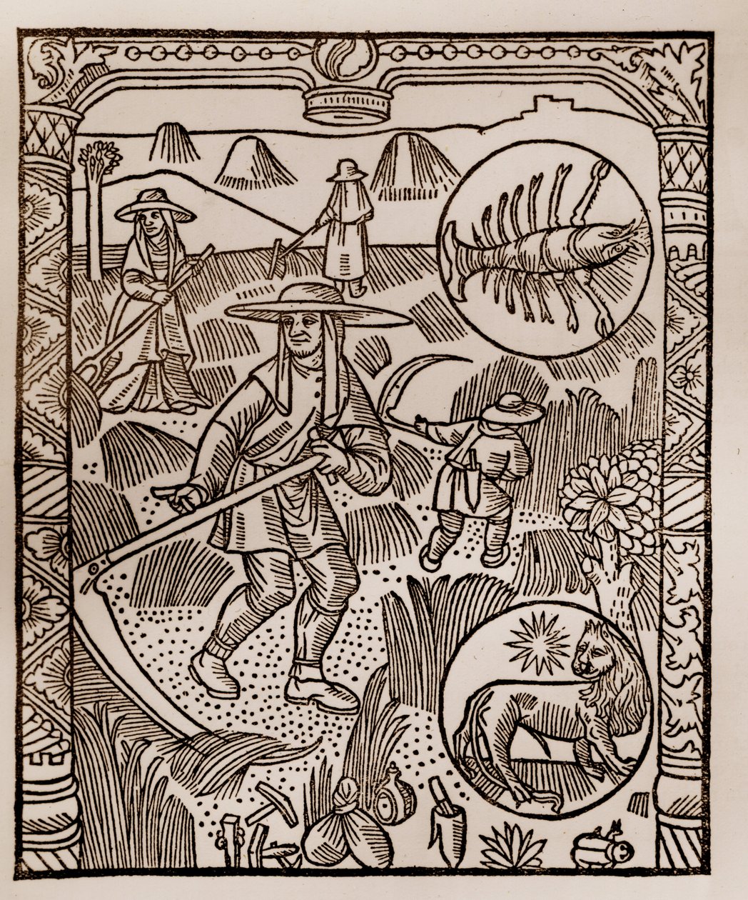 Calendario del pastor - Los trabajos de los meses - Julio - Xilografía del libro de 1496 impreso por Guy Marchant (Guido Mercator) en Troyes - Heno, la siega del heno - Grabado en madera en “Le grand Calendrier et compost des shepherds” de Guy Marchant