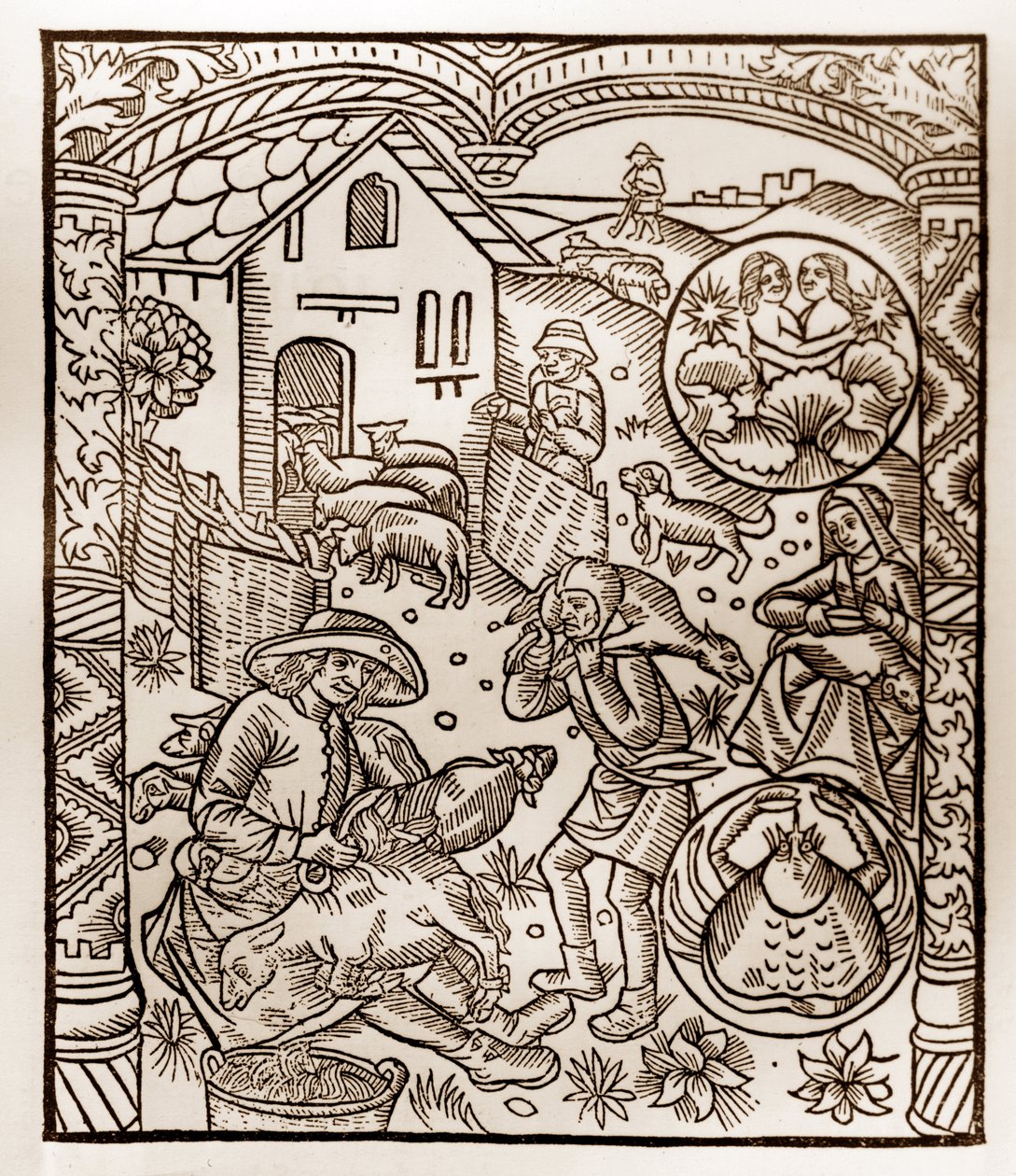 Calendario del pastor - Los trabajos de los meses - Junio - Xilografía del libro de 1496 impreso por Guy Marchant (Guido Mercator) en Troyes - Grabado en madera en “Le grand Calendrier et compost des shepherds” de Guy Marchant