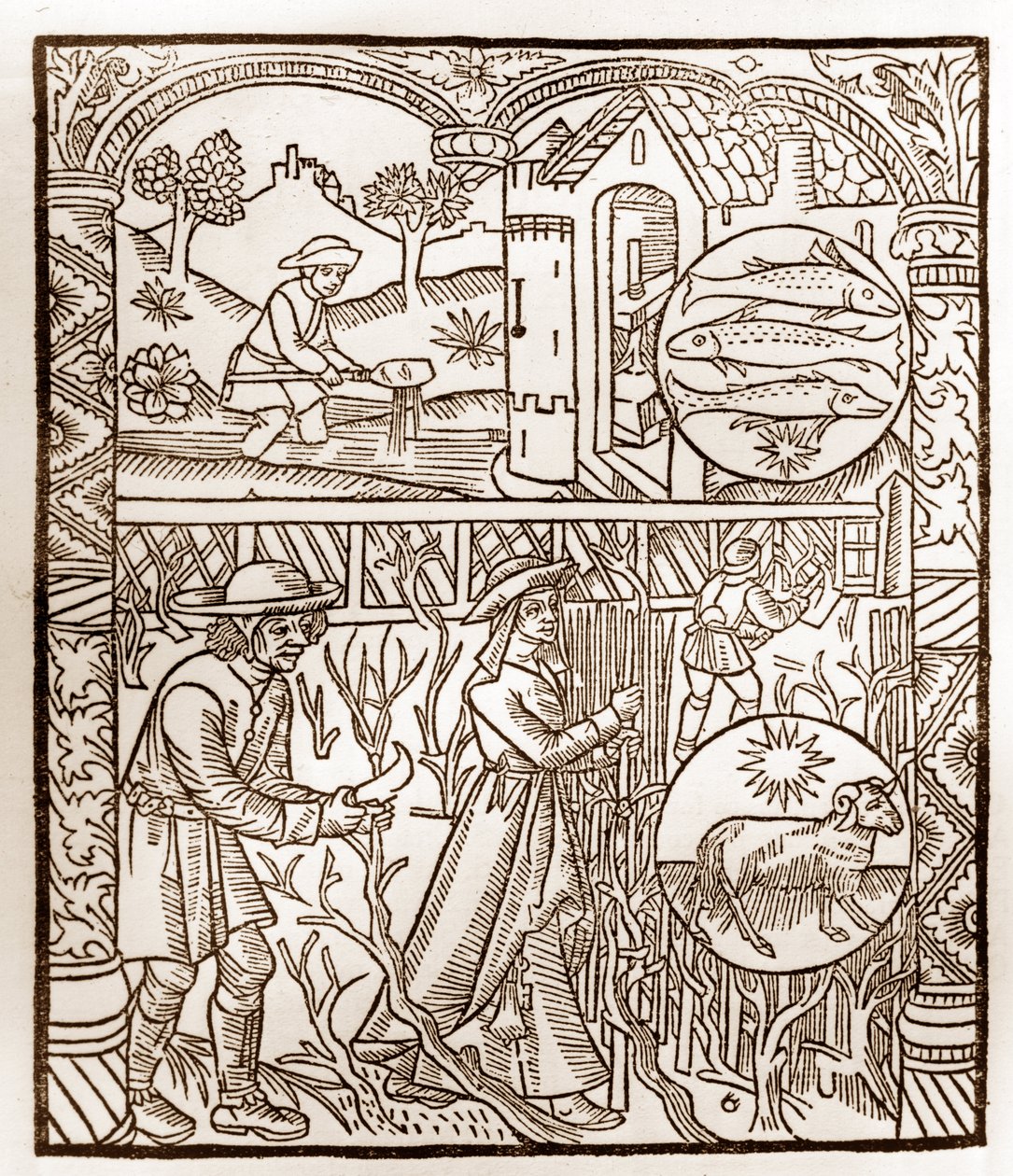 Calendario del pastor - Los trabajos de los meses - Marzo - Xilografía del libro de 1496 impreso por Guy Marchant (Guido Mercator) en Troyes - Grabado en madera en “Le grand Calendrier et compost des shepherds” de Guy Marchant