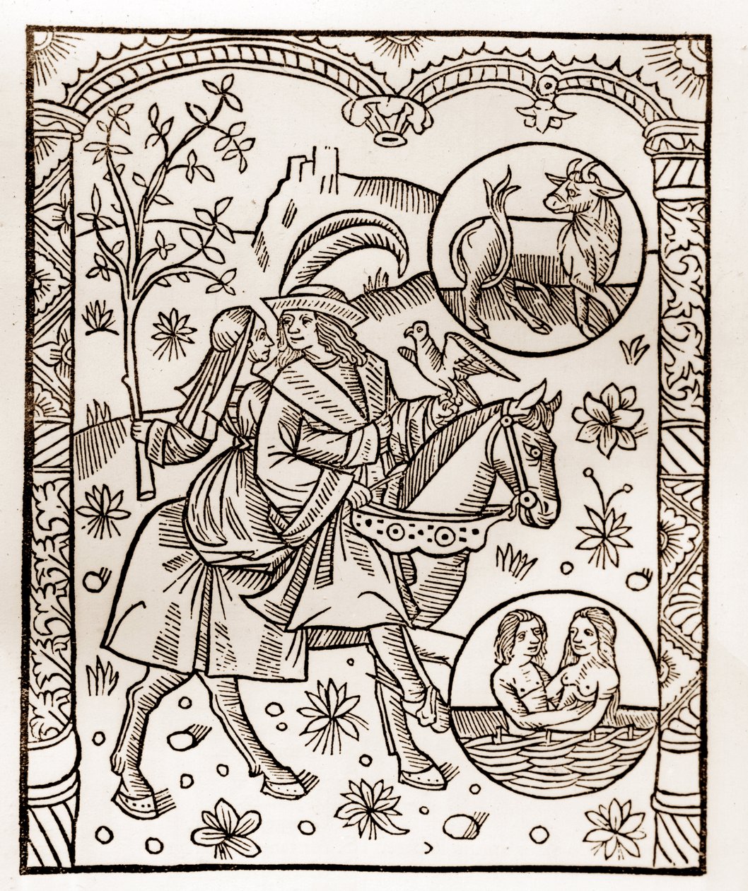 Calendario del pastor - Los trabajos de los meses - Mayo - Xilografía del libro de 1496 impreso por Guy Marchant (Guido Mercator) en Troyes - Grabado en madera en “Le grand Calendrier et compost des shepherds” de Guy Marchant