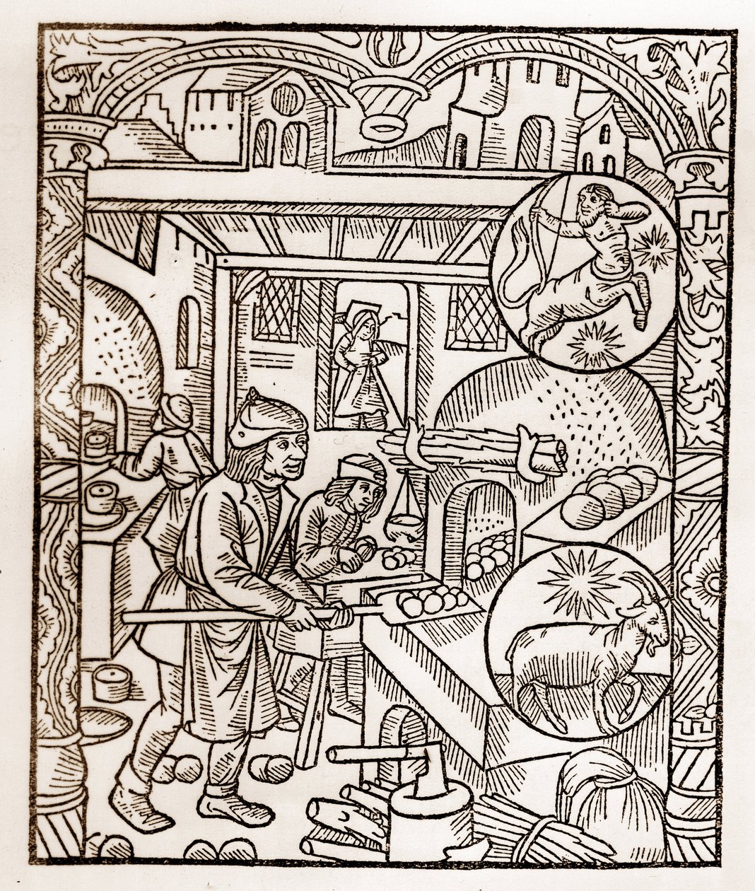 Calendario del pastor - Los trabajos de los meses - Noviembre - Xilografía del libro de 1496 impreso por Guy Marchant (Guido Mercator) en Troyes - Grabado en madera en “Le grand Calendrier et compost des shepherds” - Horno de pan de Guy Marchant