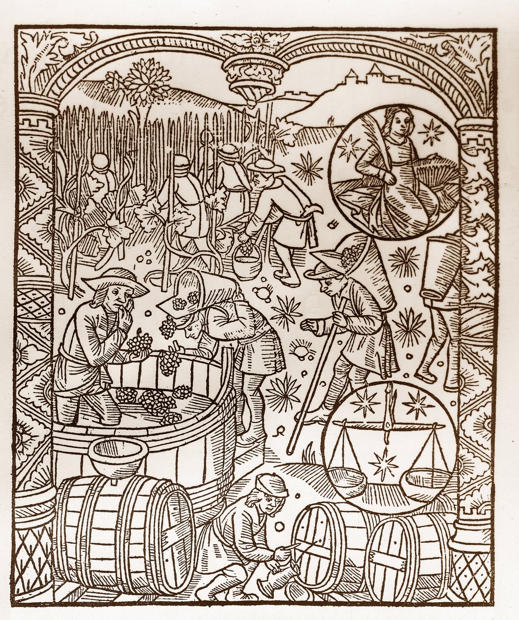 Calendario del pastor - Los trabajos de los meses - Octubre - Xilografía del libro de 1496 impreso por Guy Marchant (Guido Mercator) en Troyes - Grabado en madera en "Le grand Calendrier et compost des shepherds" - La cosecha - y los signos del zodiaco: el de Guy Marchant