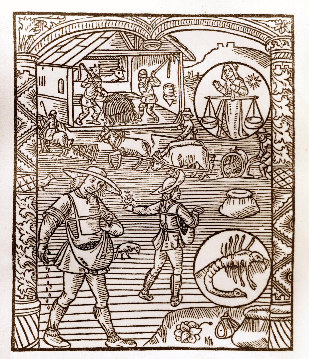 Calendario del pastor - Los trabajos de los meses - Septiembre - Grabado en madera del libro de 1496 impreso por Guy Marchant (Guido Mercator) en Troyes - En primer plano, campesinos sembrando a voleo - Grabado en madera en 
