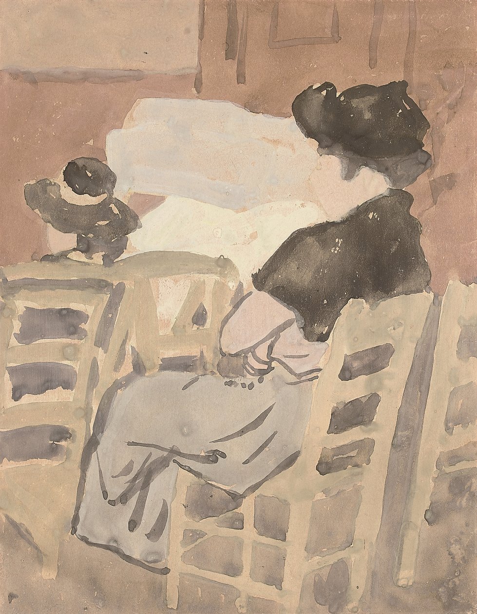 Una mujer y una niña en el interior de una iglesia (acuarela sobre papel) de Gwen John