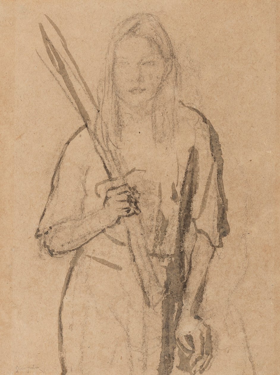 Niña de pie con un poste de madera en la mano de Gwen John