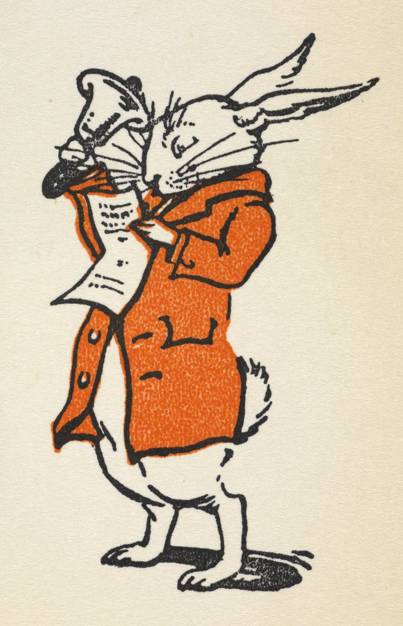 Ilustración del Conejo Blanco con chaqueta roja tocando una gran campana y leyendo de Gwynedd M. Hudson