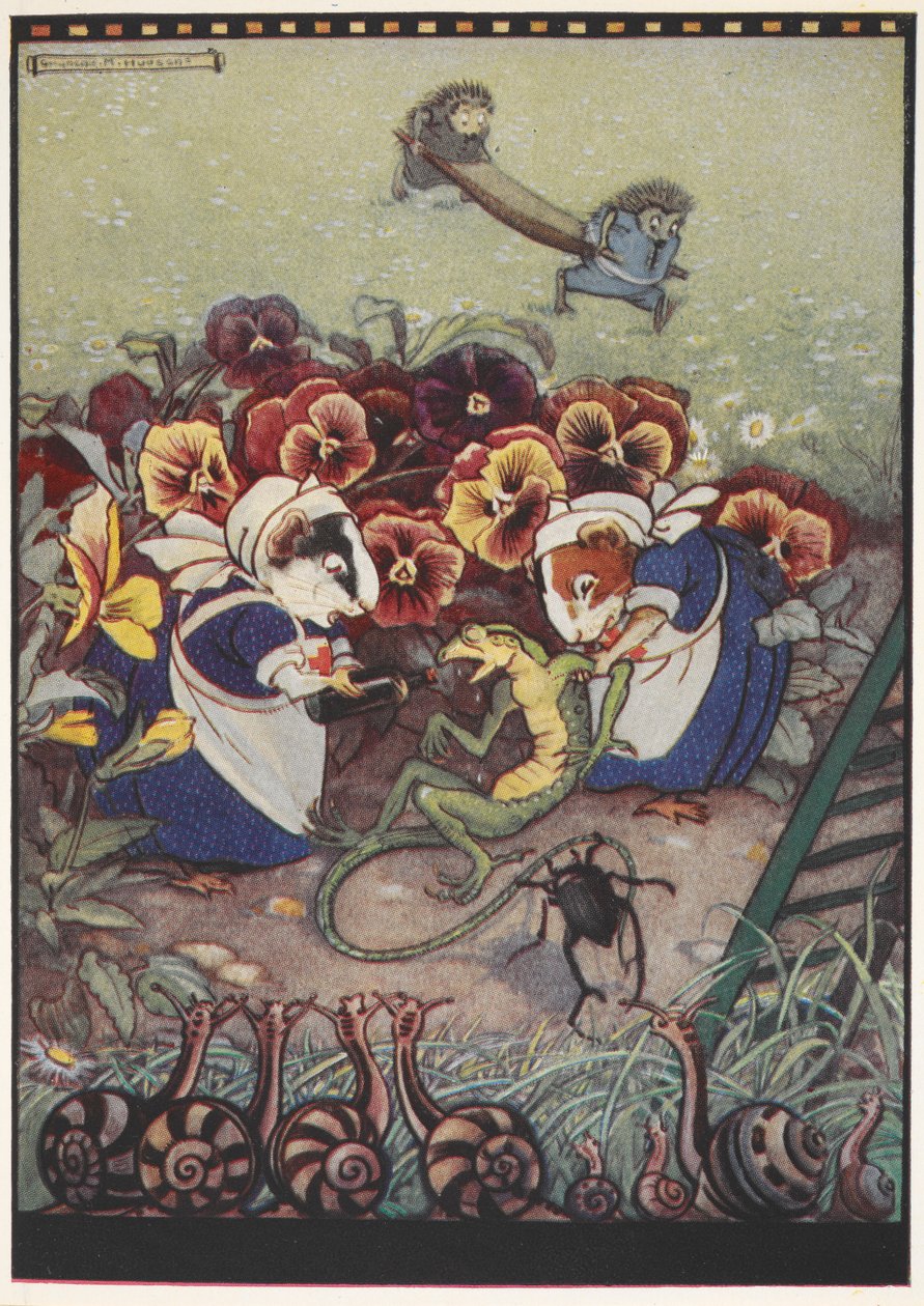 Ilustración de dos cobayas vestidas de sirvientas cuidando de un lagarto mientras dos erizos llevan una camilla al fondo para ayudarle. de Gwynedd M. Hudson