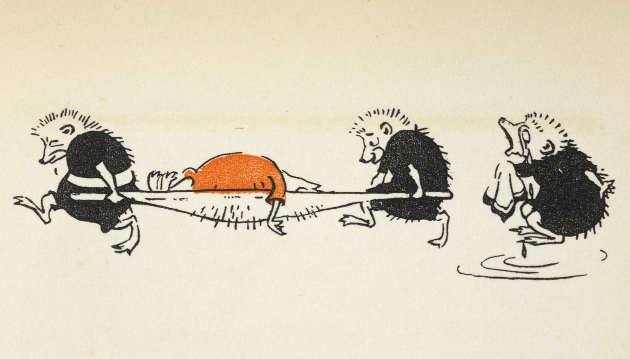 Ilustración de dos erizos que cargan con un jugador de croquet herido y son seguidos por otro erizo llorón. de Gwynedd M. Hudson