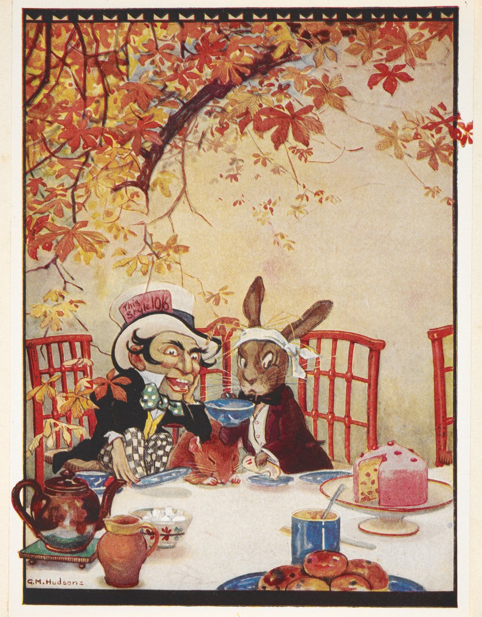 La fiesta del té del Sombrerero Loco. El Sombrerero Loco bebiendo té y comiendo tarta con la Liebre Loca y el Lirón. de Gwynedd M. Hudson