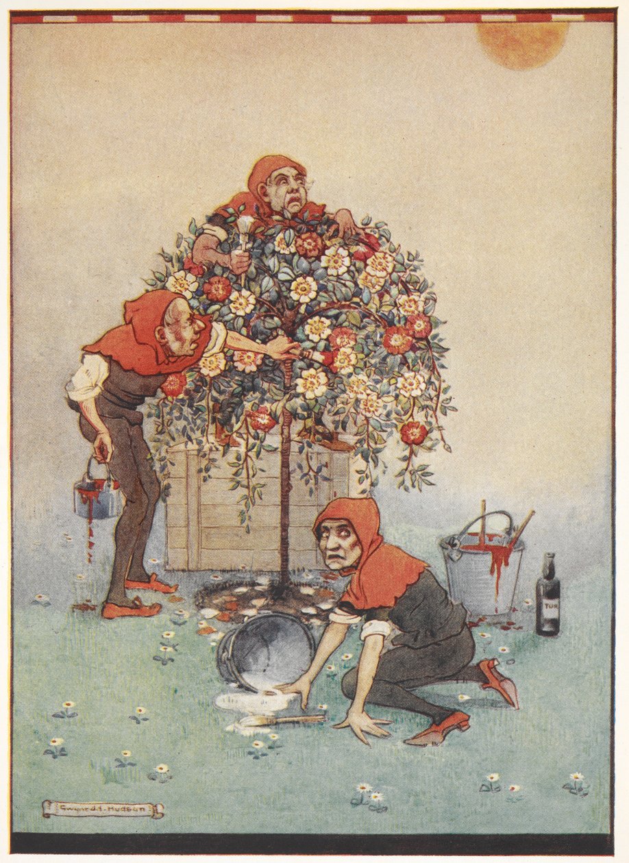 Los jardineros de la Reina del Corazón pintan de blanco a rojo las rosas de Alicia en el País de las Maravillas de Gwynedd M. Hudson