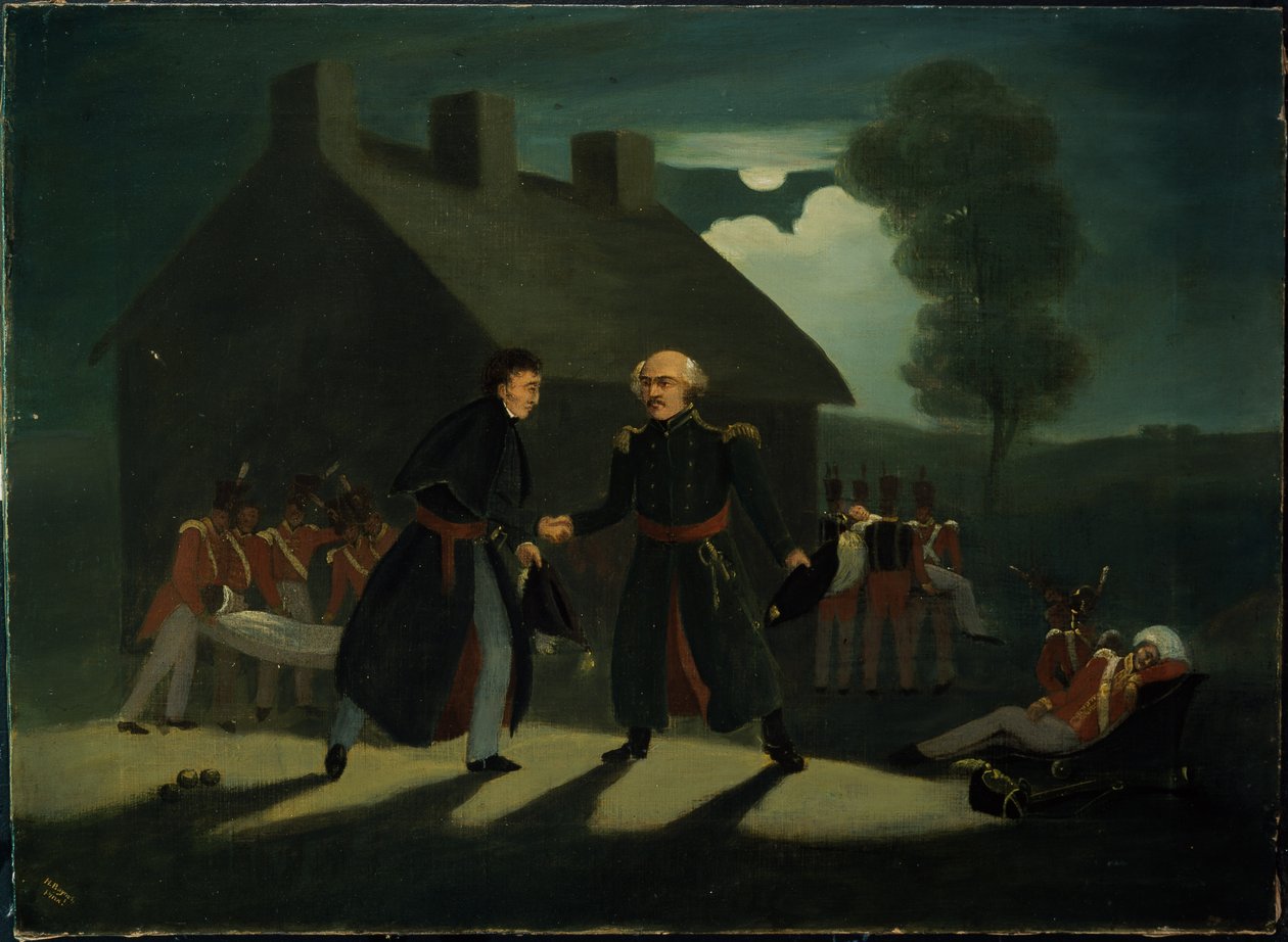 El encuentro de Wellington (1769-1852) y Blucher (1742-1819) en La Belle Alliance después de la Batalla de Waterloo, c.1820 de H. Baynes