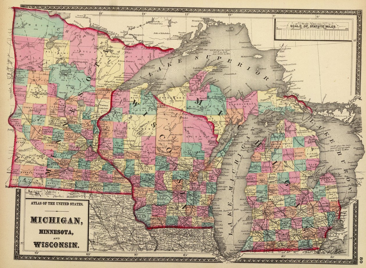 Mapa de 1872 de los estados de Minnesota, Wisconsin y Michigan de H. F.; Gray Walling