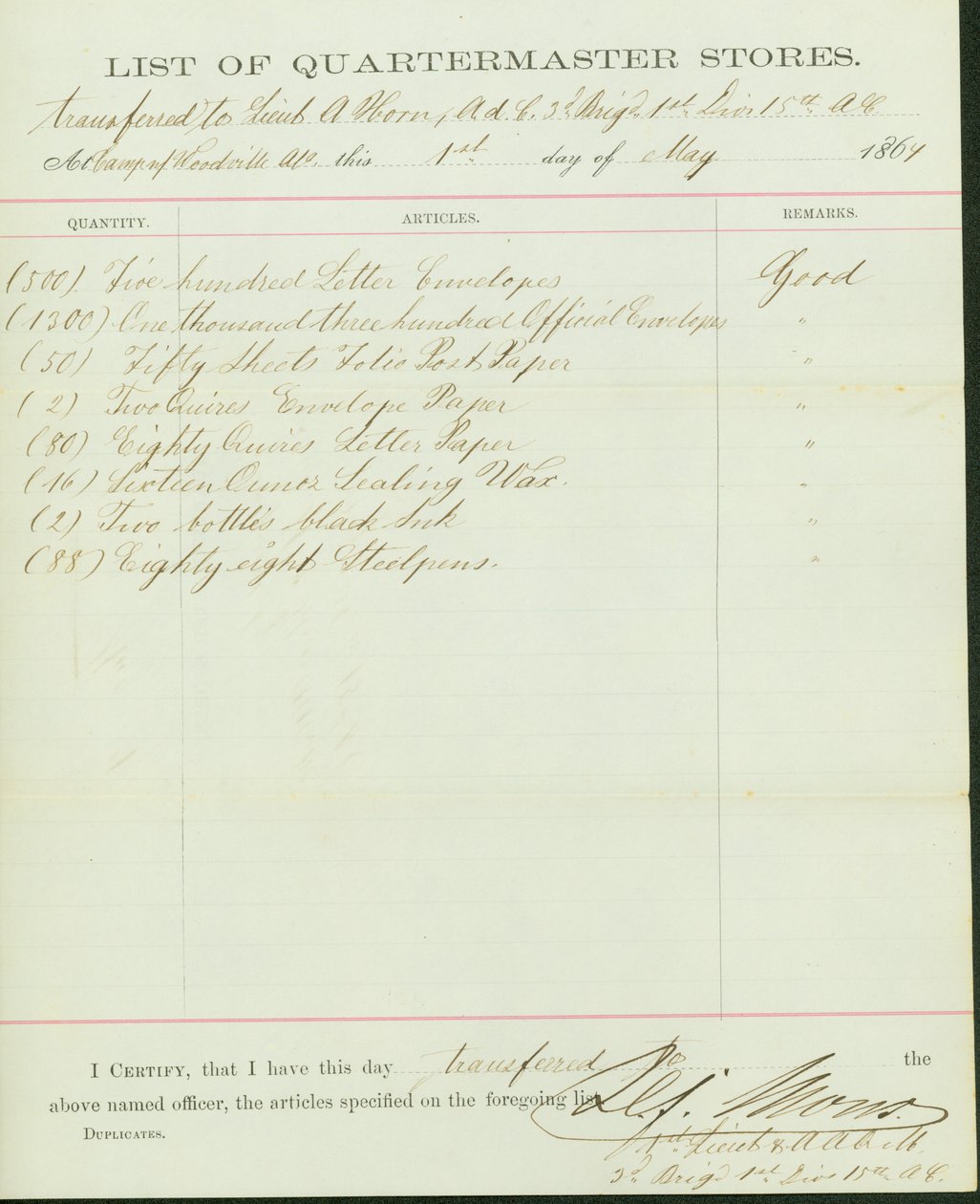 Lista de artículos transferidos al Teniente A. Horn de H. F. Mons