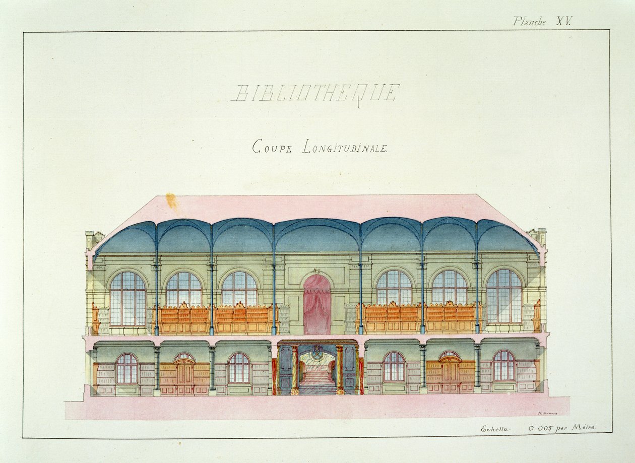 Sección transversal de una biblioteca, lámina XV de un folio de diseños, c.1870 de H. Monnot