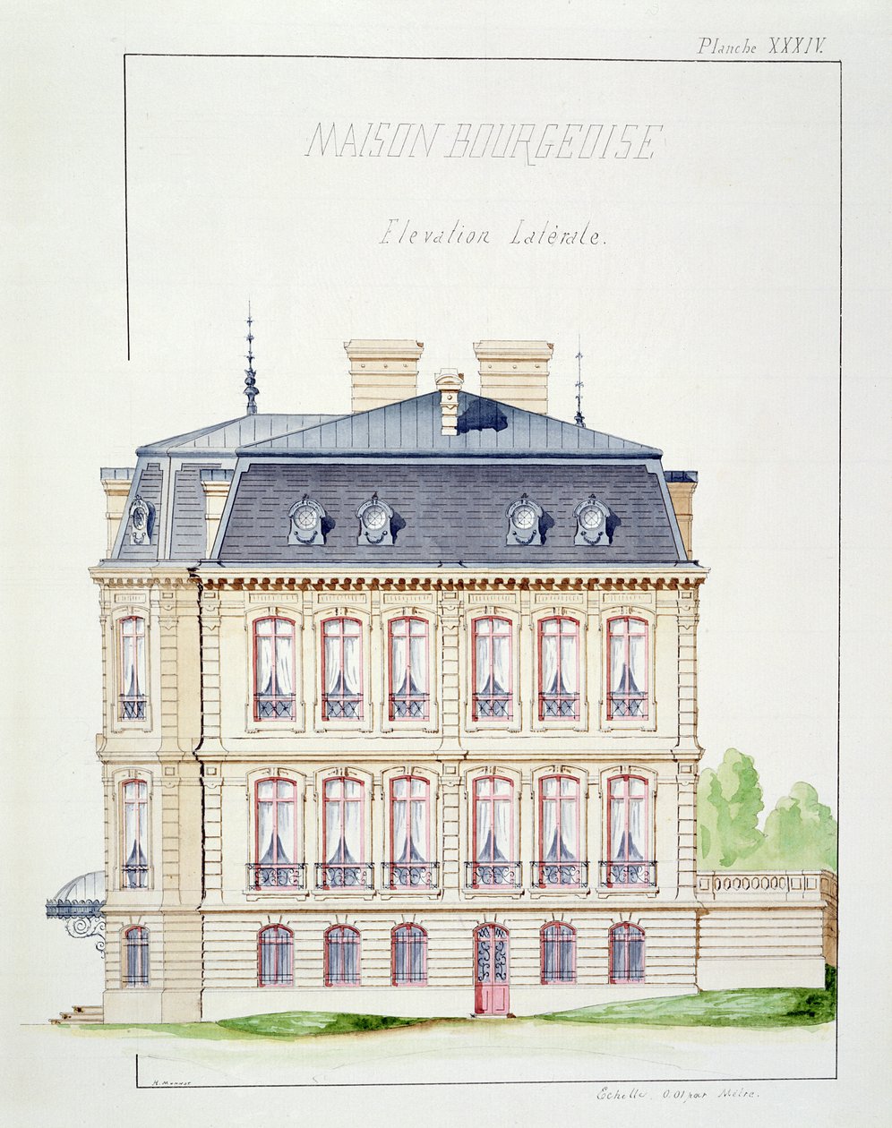 Elevación lateral de una casa para la burguesía, lámina XXXIV de un folio de diseños de H. Monnot