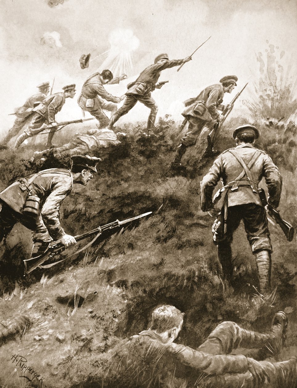 El Mayor (Teniente Coronel Temporal) A.F. Douglas-Hamilton reúne a sus hombres y los lidera hacia adelante, deteniendo así el avance del enemigo de H. Ripperger