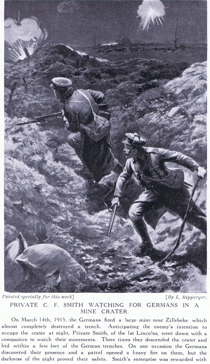 El soldado C F Smith vigilando a los alemanes en un cráter de mina en Zillebeke en marzo de 1915 de H. Ripperger