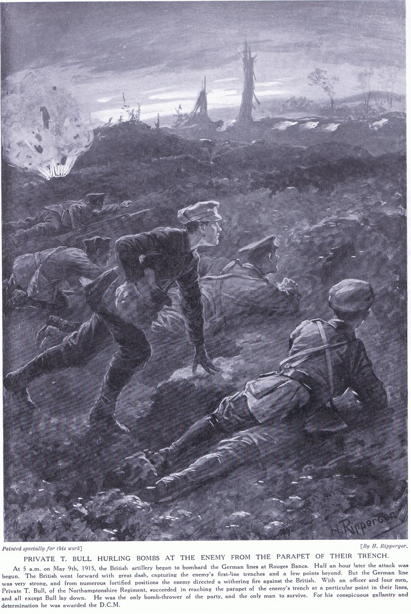 El Soldado T Bull ganó una DCM lanzando bombas al enemigo desde el parapeto de su trinchera en Rouges Banc mayo de 1915 de H. Ripperger