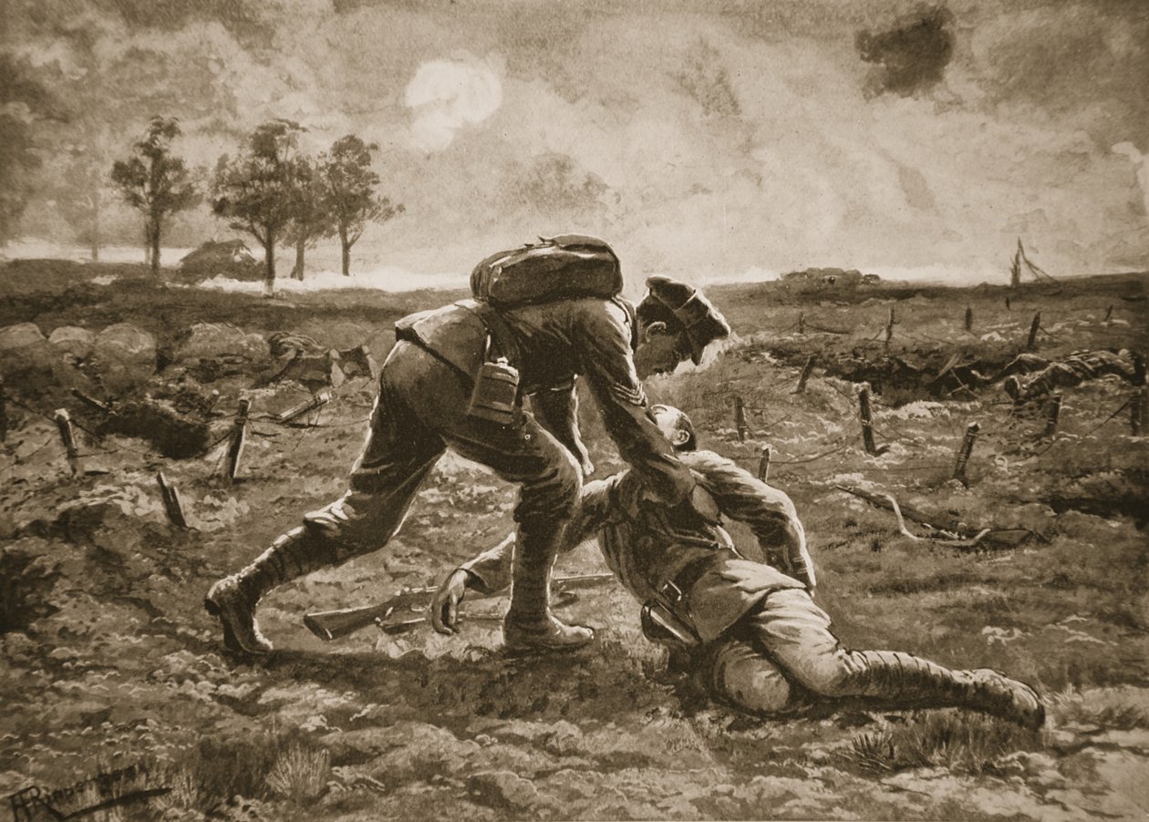 El sargento Fuller corre hacia adelante, bajo un fuego terrible, para rescatar a su oficial herido, el capitán Haggard de H. Ripperger