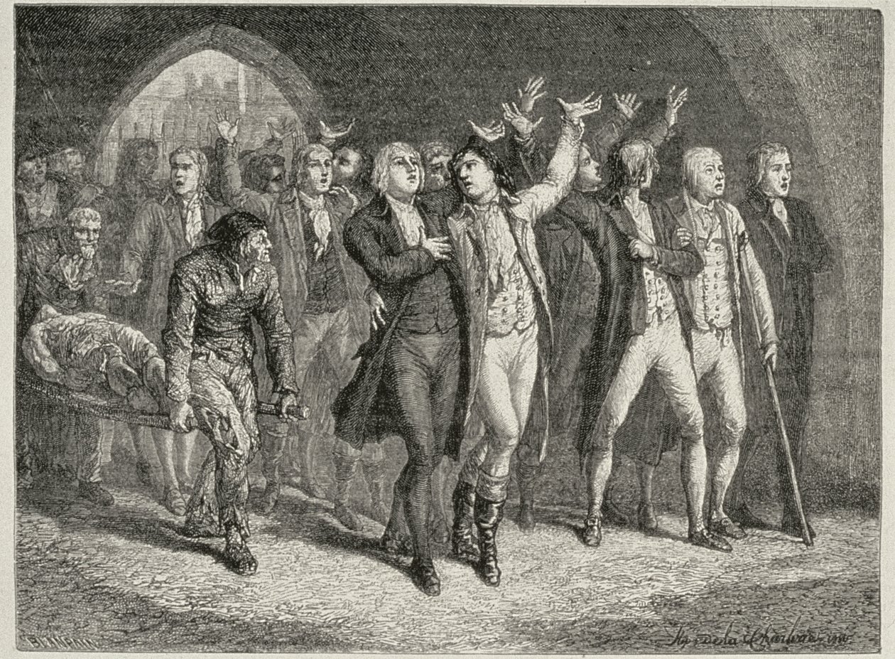Los Girondinos dejan el Tribunal de la Revolución, grabado por Blanpain de H. de la Charlerie