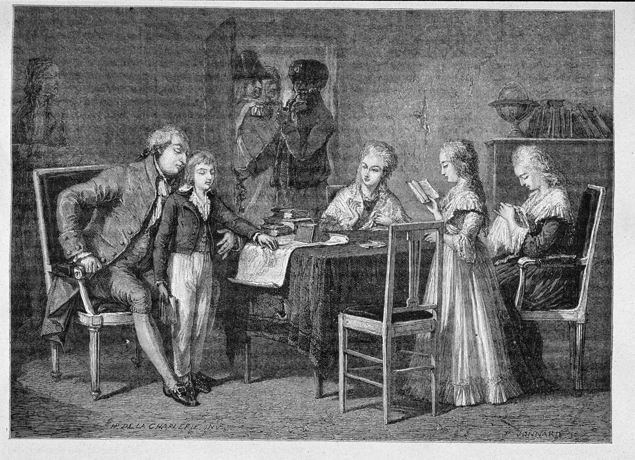 Los pasatiempos de la familia real francesa en el Templo, grabado por Jonnard de H. de la Charlerie