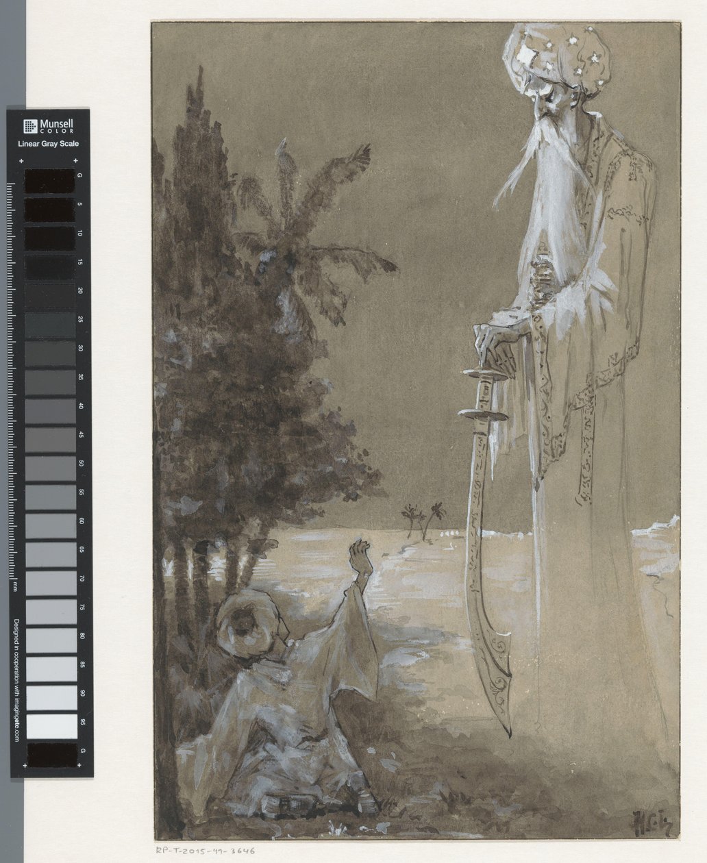 Un hombre alto con barba mira a un niño sentado de H.C. Louwerse (signed by artist)