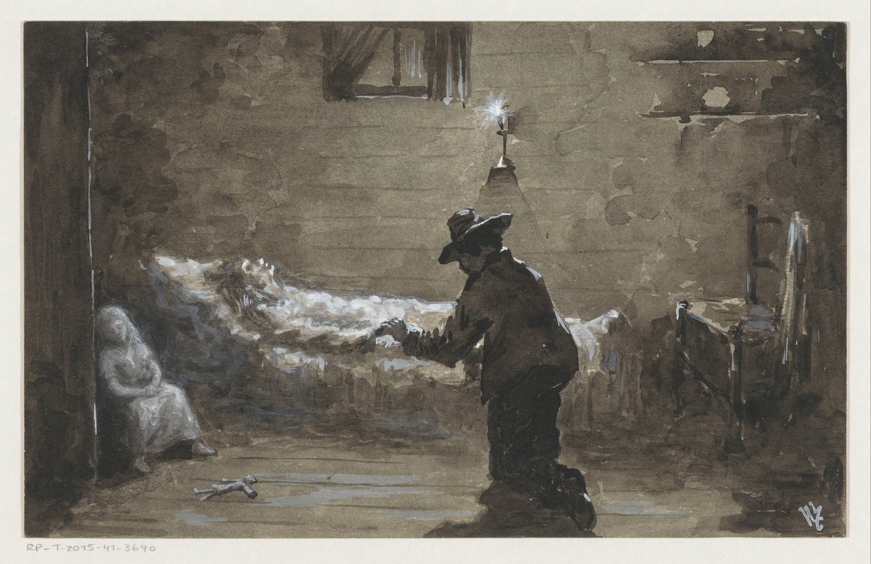 Un hombre se arrodilla junto a la cama de una mujer de H.C. Louwerse (signed by artist)