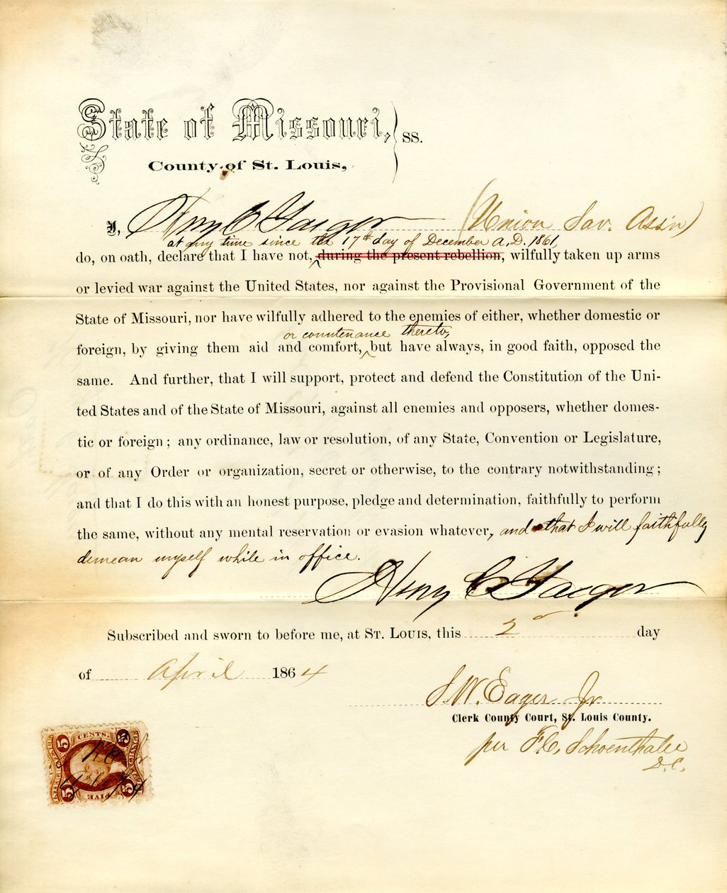 Juramento de lealtad de Henry C. Yaeger de Missouri, Condado de St. Louis de H.C. Yaeger