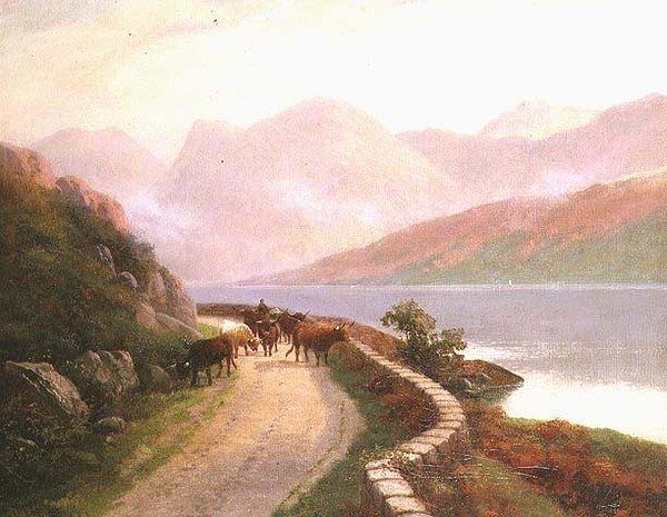 Pastor con vacas junto al lago Buttermere, al atardecer de H.R. Hall