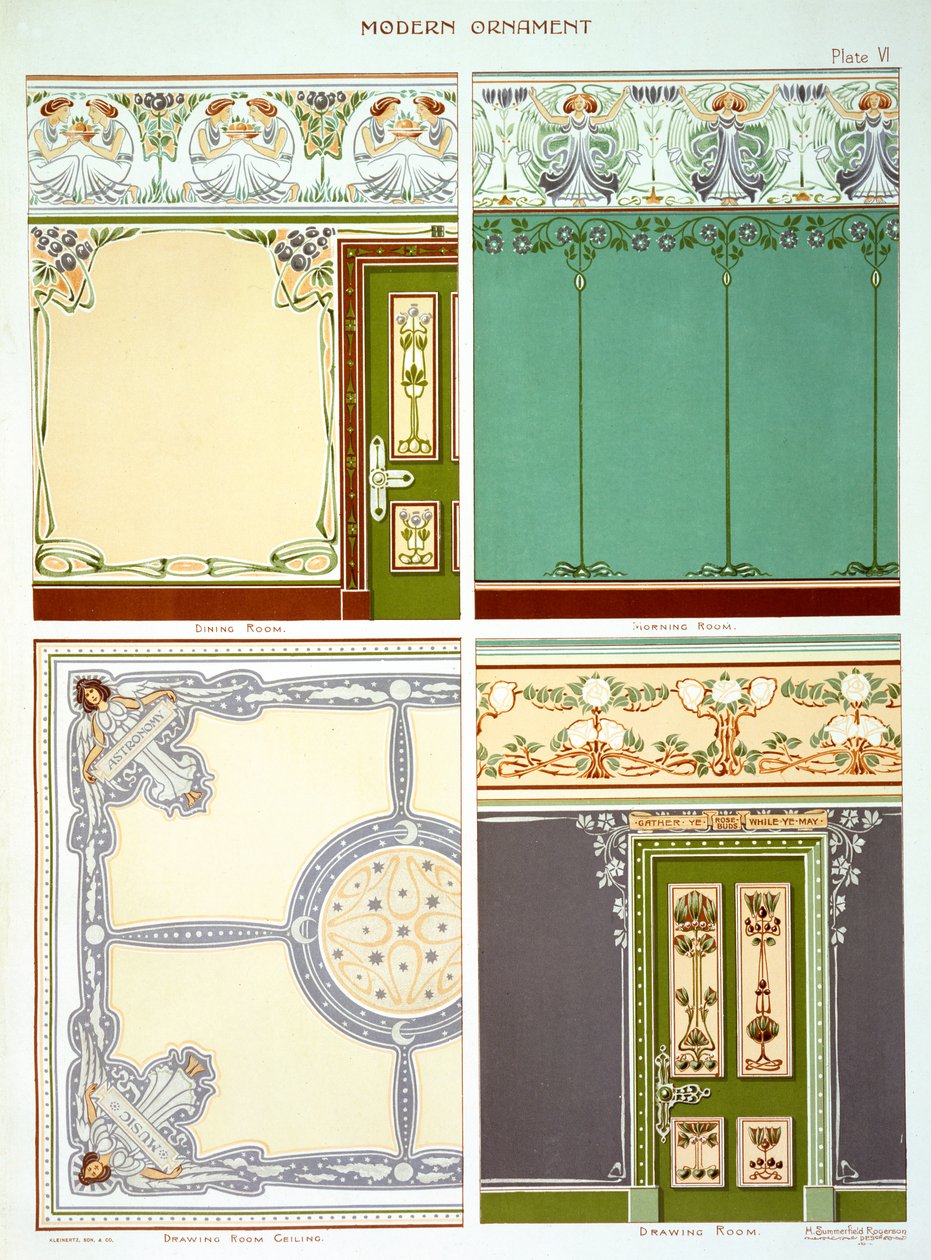 Diseños para tratamientos de paredes y habitaciones, techos, zócalos, frisos, etc., lámina VI de 