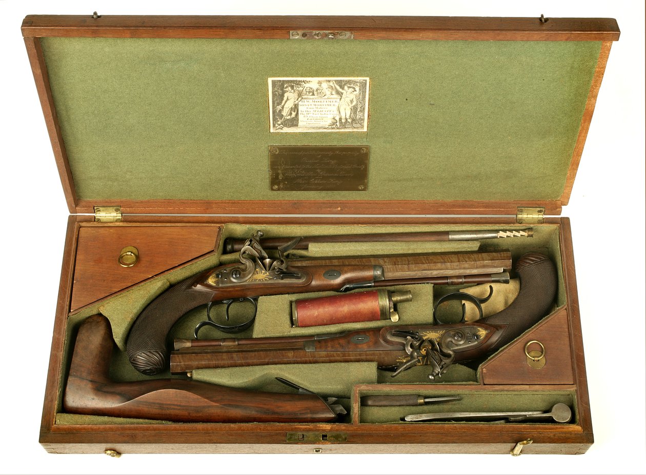 Par de pistolas de duelo de chispa con estuche y accesorios, c.1780-1800 de H.W. Mortimer and Sons
