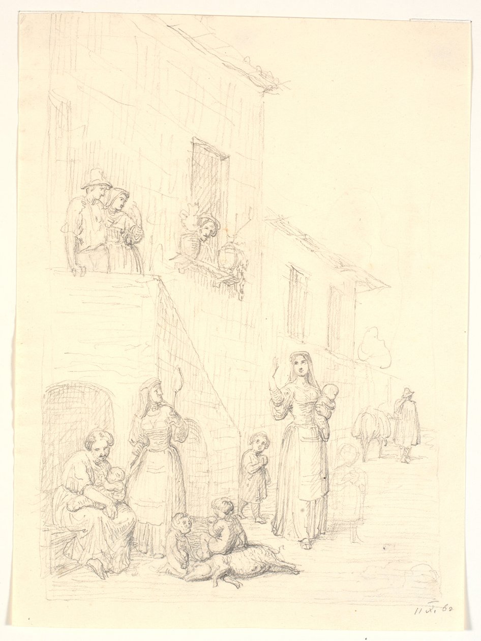 Mujeres y niños fuera de una casa italiana de H.W. Bissen