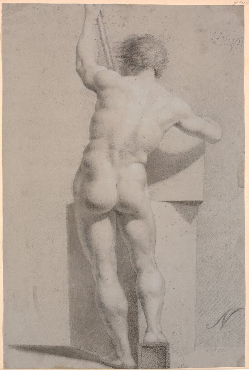 Modelo de pie. Vista desde la espalda. Bastón en la mano izquierda de H.W. Bissen