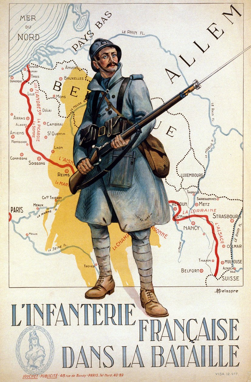 Infantería francesa en batalla (la línea roja representa la línea Hindenburg) - ilustrado por H. Delaspre de H. Delaspre