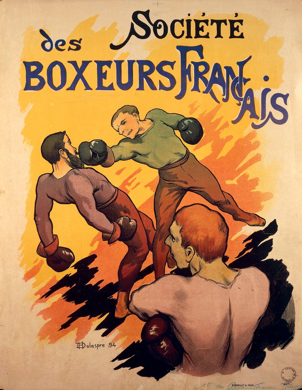 Sociedad de Boxeadores Franceses, ilustración publicitaria de boxeadores franceses por Delaspre de H. Delaspre
