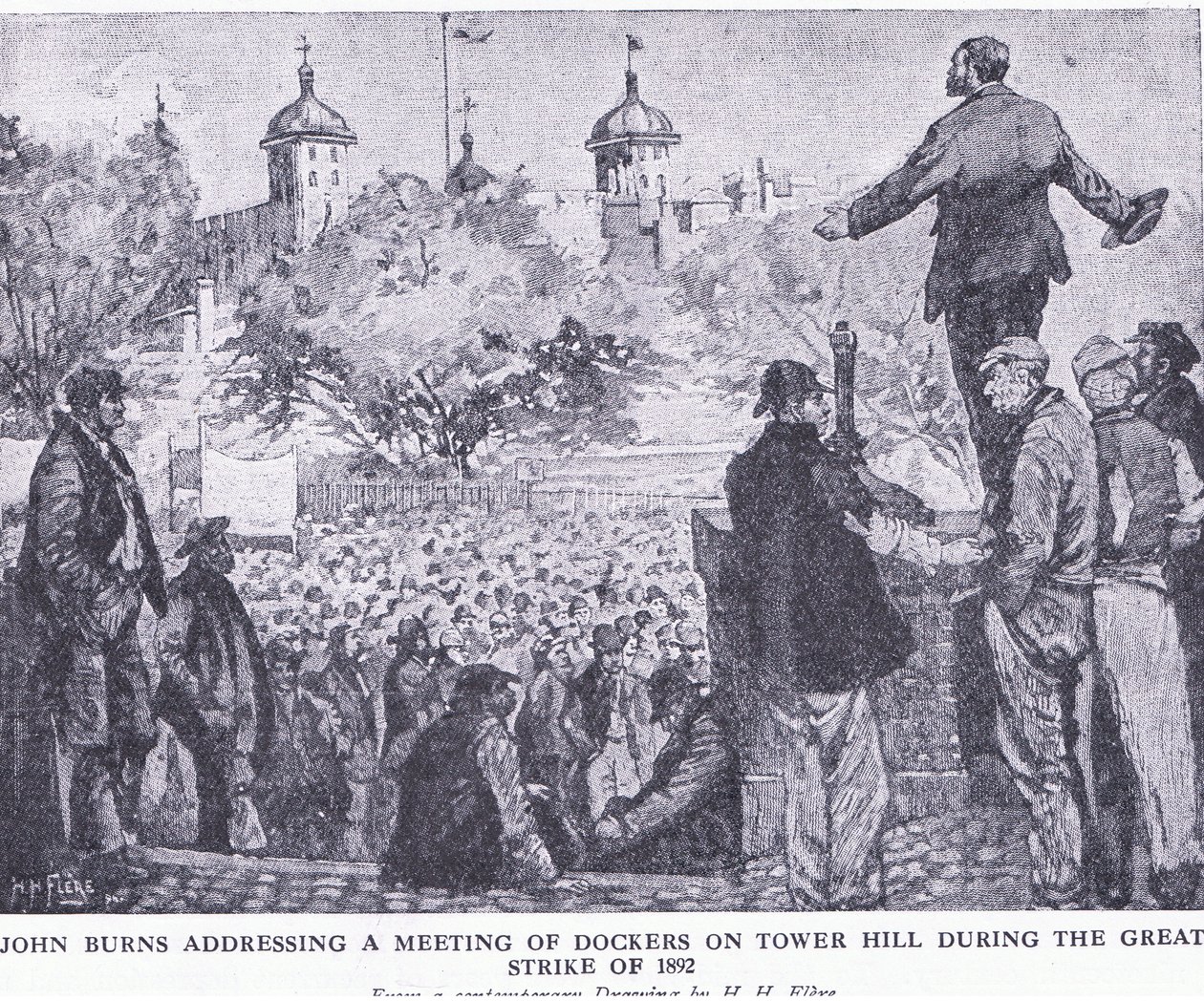 John Burns dirigiéndose a una reunión de estibadores en Tower Hill durante la Gran Huelga de 1892, de Cassells Historia del Pueblo Británico publicada por la Waverley Book Company Limited, c.1940 de H. H. Flere