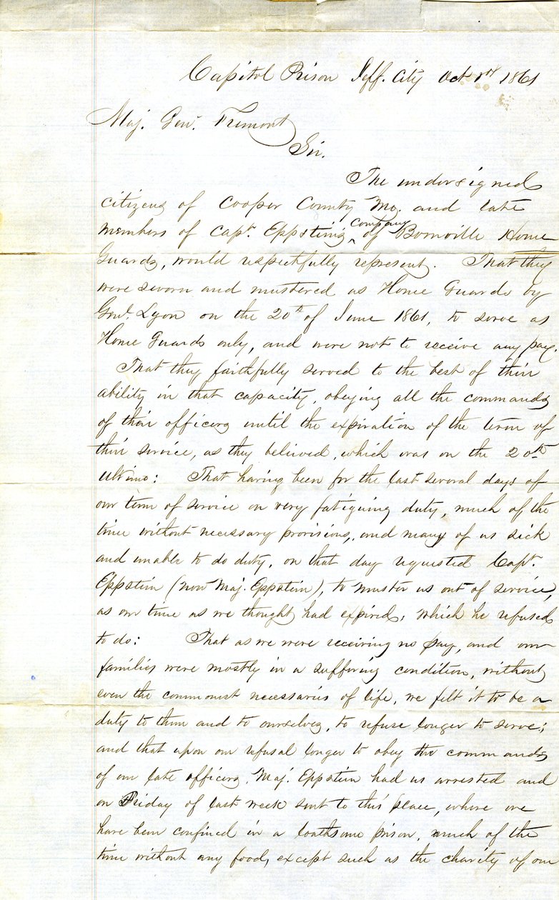 Apelación de miembros de la Compañía del Capitán Eppstein, Boonville Home Guards, Prisión del Capitolio, Jefferson City, al Mayor General Fremont, 1 de octubre de 1861 de H. L. Hoefer