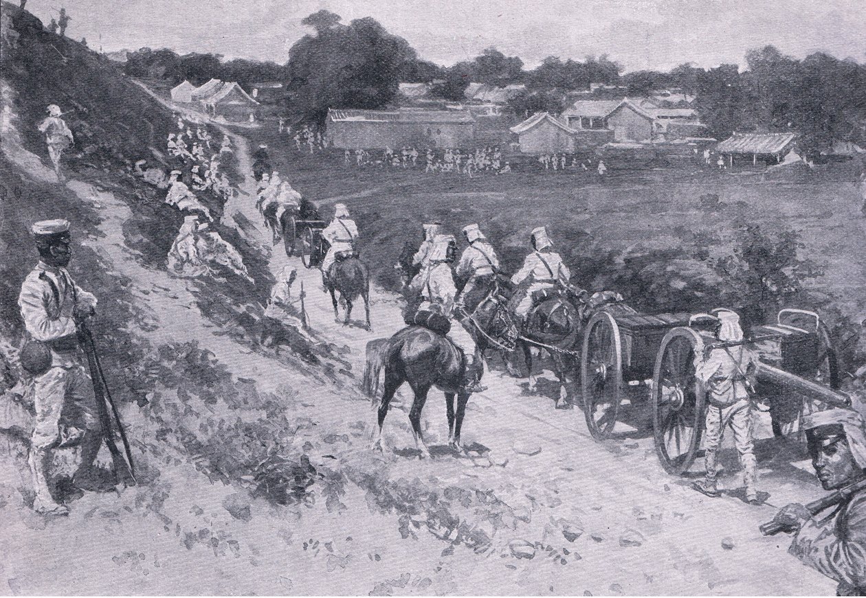Expedición del Almirante Seymour: tropas japonesas en marcha (litografía) de H. M. Koekkoch