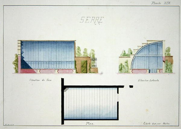 Diseño para un invernadero con paredes y techo de vidrio curvado, de un folio de dibujos originales en estilos clásicos y de principios de la Belle Époque, c.1870 de H. Monnot