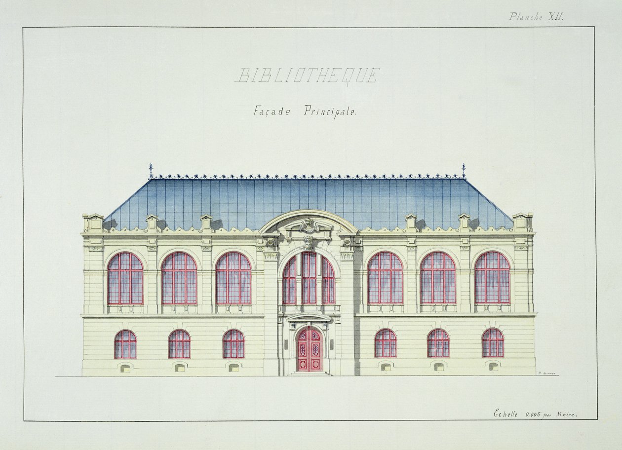 Fachada principal de una biblioteca, lámina XII de un folio de diseños, c.1870 de H. Monnot
