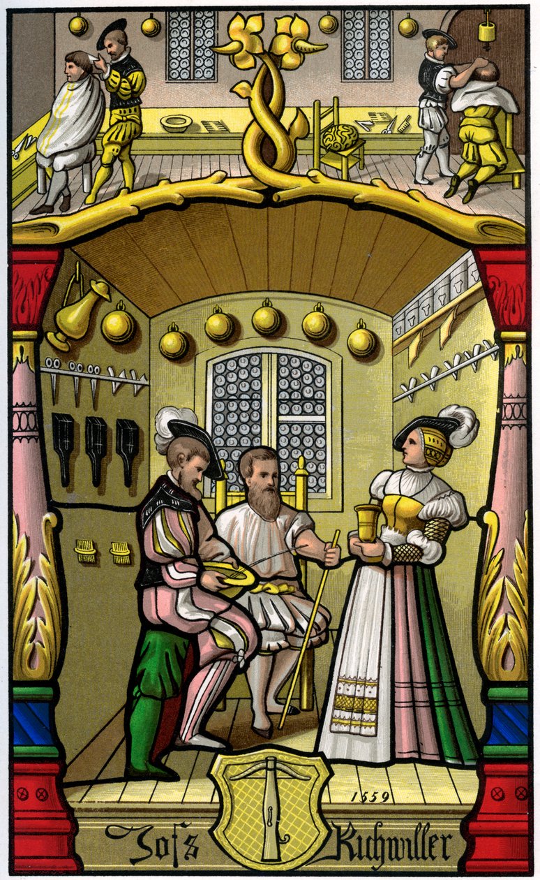 Barbero y fabricante de pelucas, siglo XVI, 1849 de H. Moulin