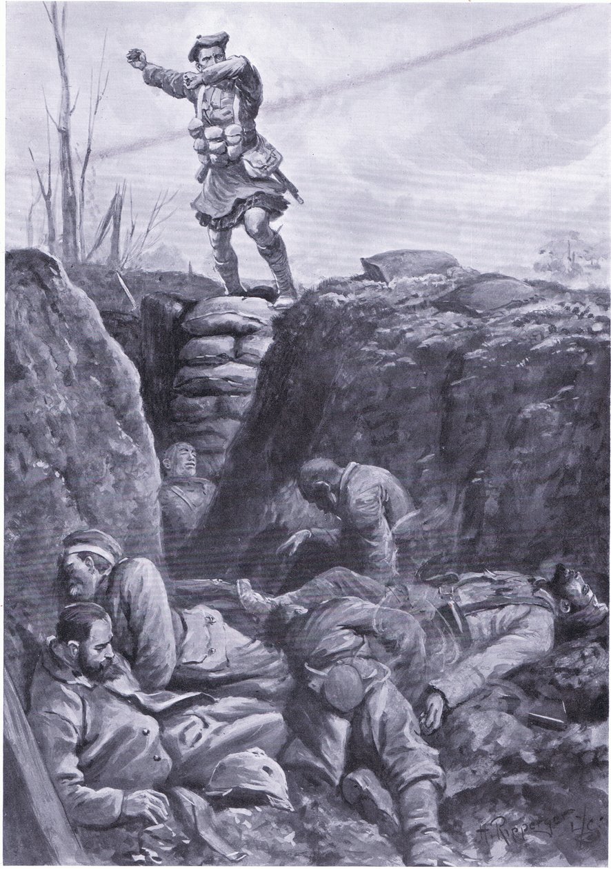 El soldado Brown (Gordon Highlander) bombardeando al enemigo en una trinchera alemana desde la cima de una barricada de H. Ripperger