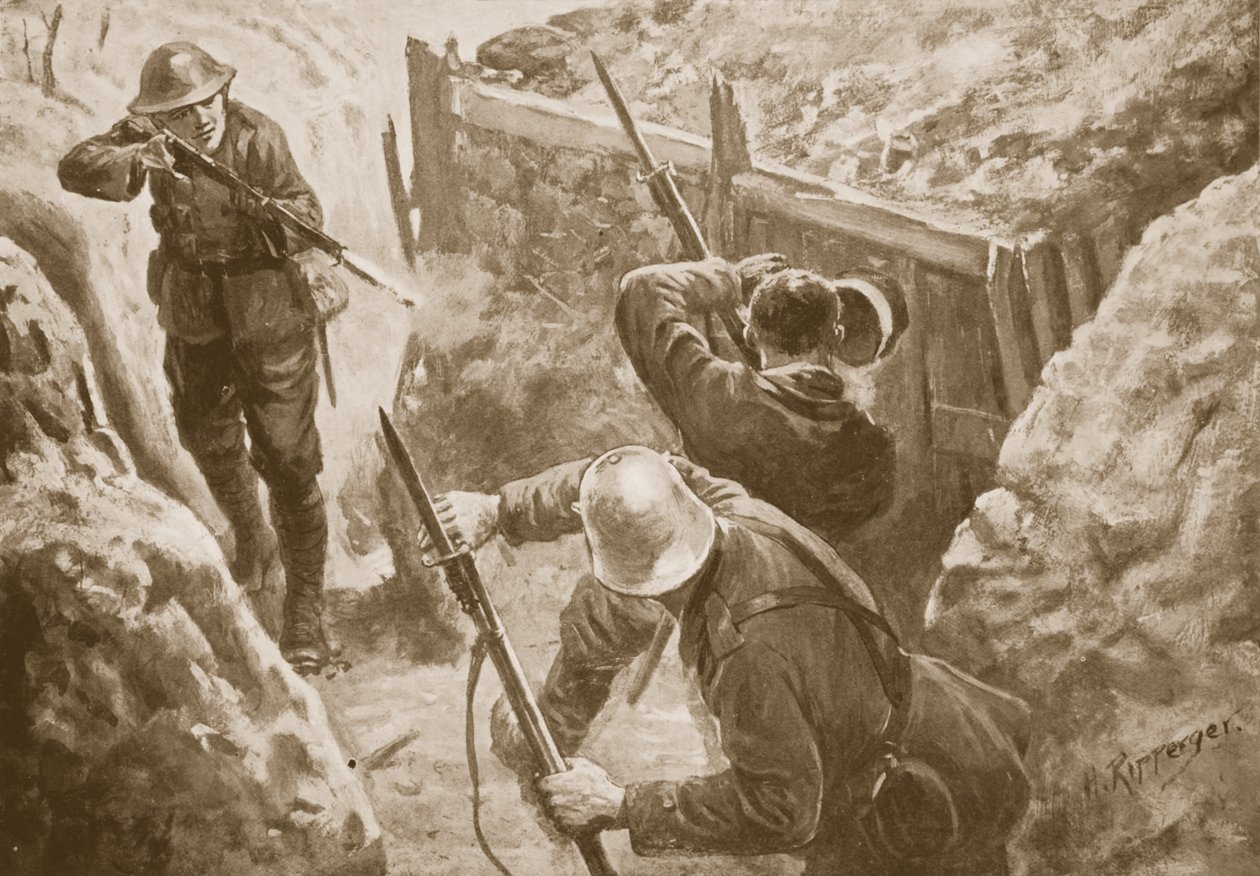 El soldado J. Hutchinson disparando a dos centinelas alemanes al liderar un ataque a una trinchera alemana de H. Ripperger