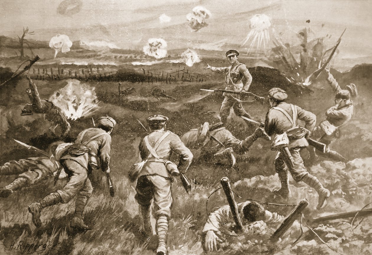 El sargento H. Wells liderando un pelotón hacia los enredos de alambre alemanes después de que su oficial fuera asesinado de H. Ripperger